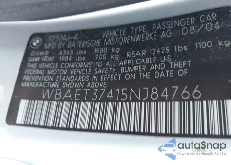 2005 BMW 325I from USA, damaged, VIN WBAET37415NJ84766